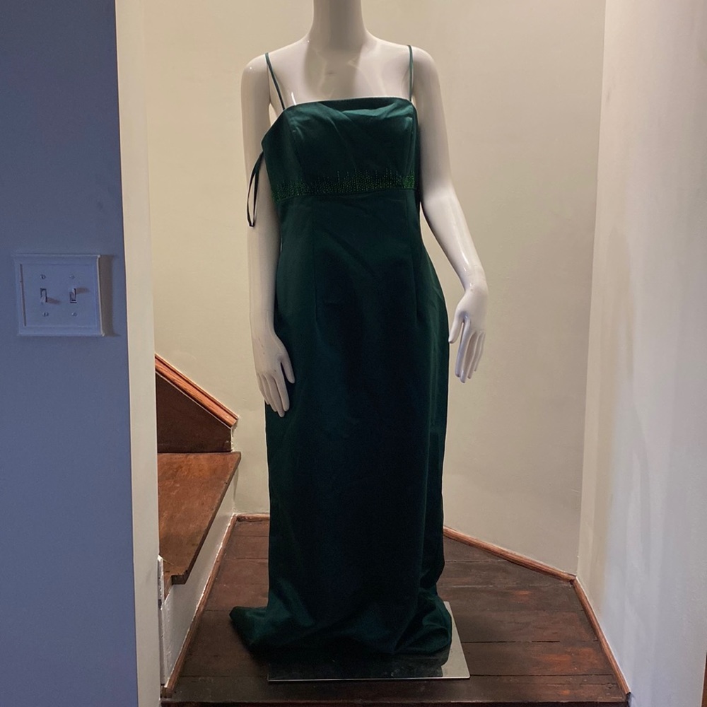 Tiffany Designs Hunter Green Formal Gown Satin Spaghetti Strap Dress SIZE 14